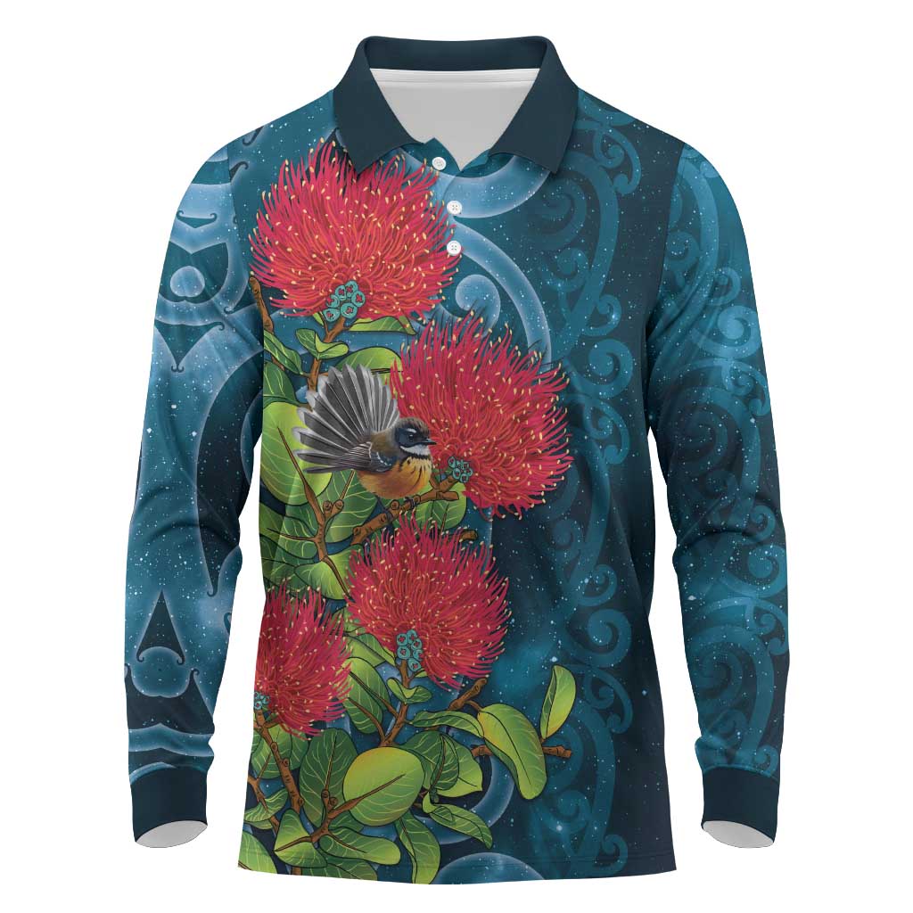 New Zealand Matariki Piwakawaka Long Sleeve Polo Shirt Maori Koru With Pohutukawa Flowers
