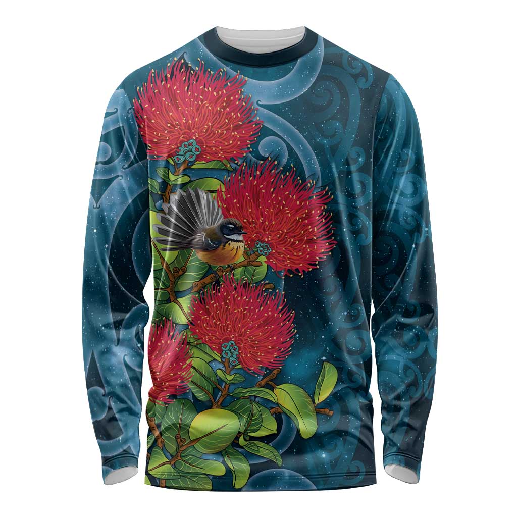 New Zealand Matariki Piwakawaka Long Sleeve Shirt Maori Koru With Pohutukawa Flowers LT05 Unisex Dark Teal - Polynesian Pride