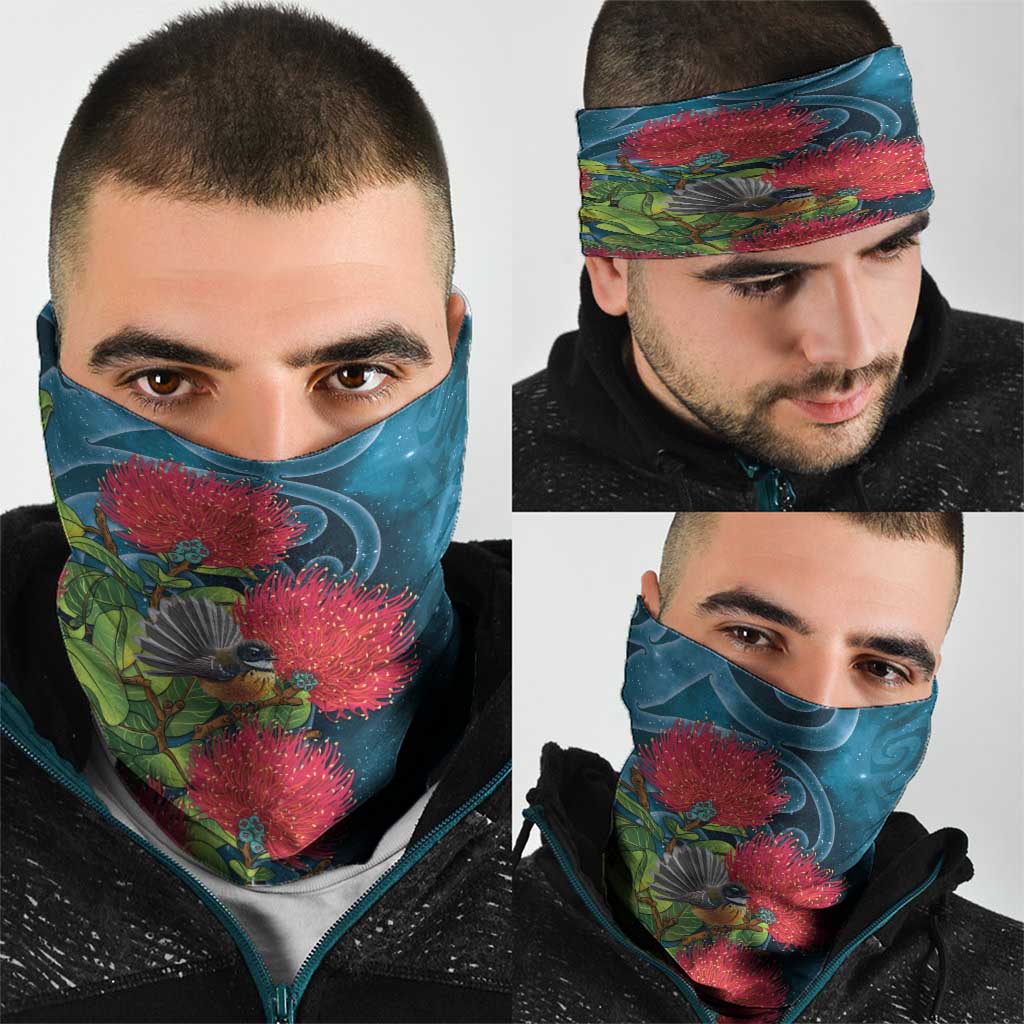 New Zealand Matariki Piwakawaka Neck Gaiter Maori Koru With Pohutukawa Flowers LT05 - Polynesian Pride