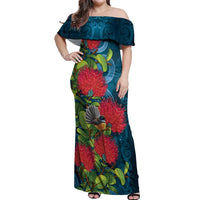 New Zealand Matariki Piwakawaka Off Shoulder Maxi Dress Maori Koru With Pohutukawa Flowers LT05 Women Dark Teal - Polynesian Pride