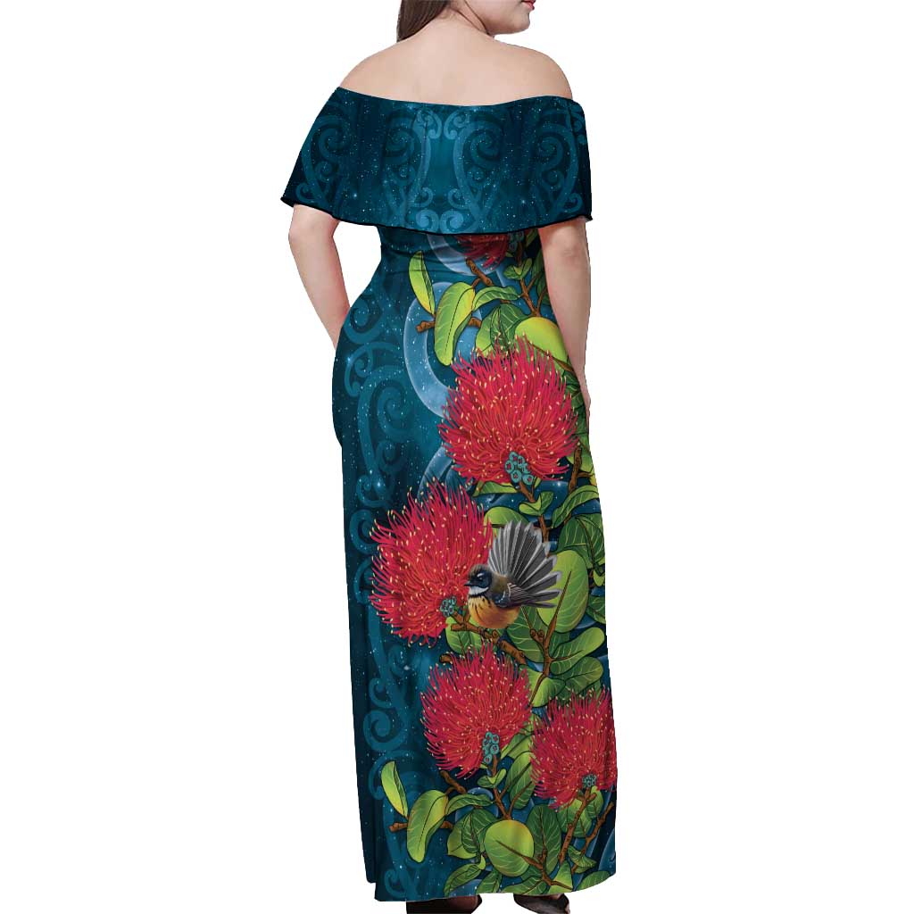 New Zealand Matariki Piwakawaka Off Shoulder Maxi Dress Maori Koru With Pohutukawa Flowers LT05 - Polynesian Pride