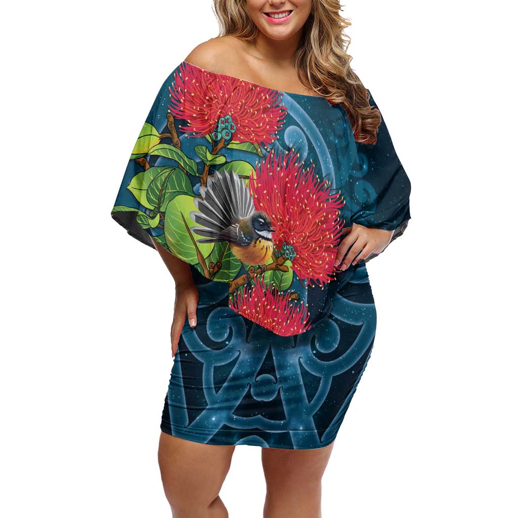 New Zealand Matariki Piwakawaka Off Shoulder Short Dress Maori Koru With Pohutukawa Flowers LT05 Women Dark Teal - Polynesian Pride