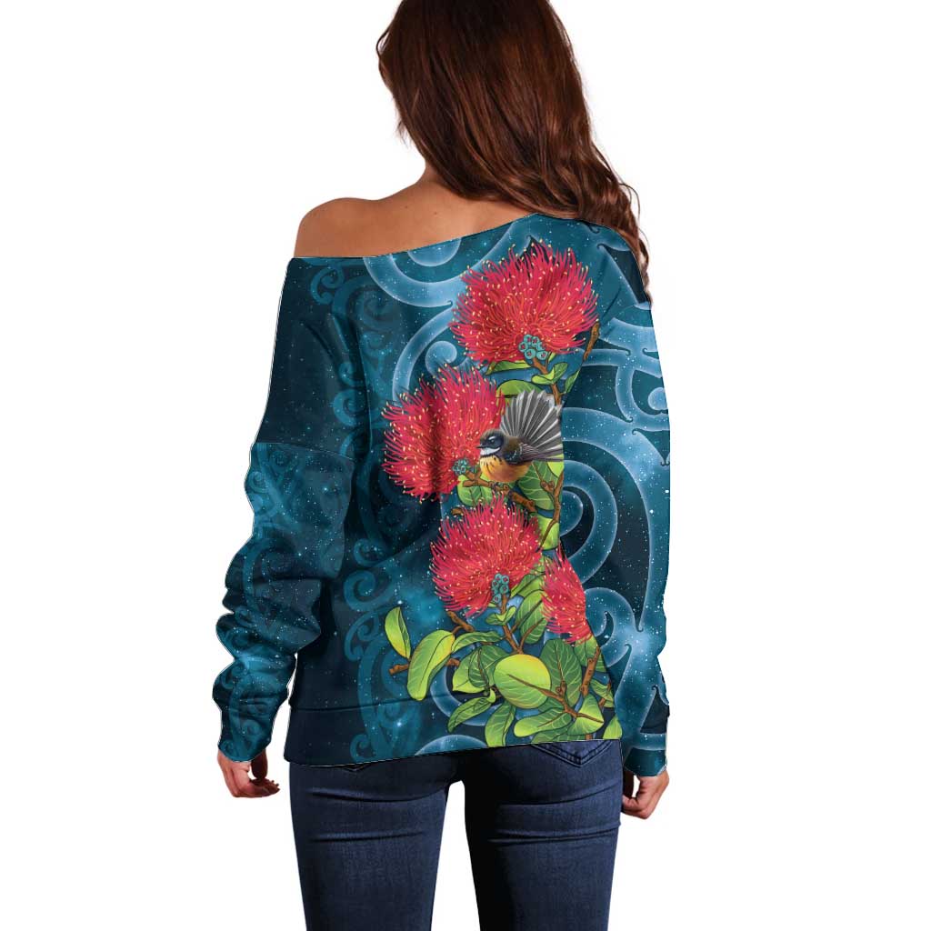 New Zealand Matariki Piwakawaka Off Shoulder Sweater Maori Koru With Pohutukawa Flowers LT05 - Polynesian Pride