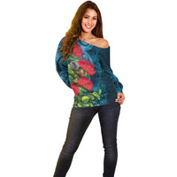 New Zealand Matariki Piwakawaka Off Shoulder Sweater Maori Koru With Pohutukawa Flowers LT05 - Polynesian Pride