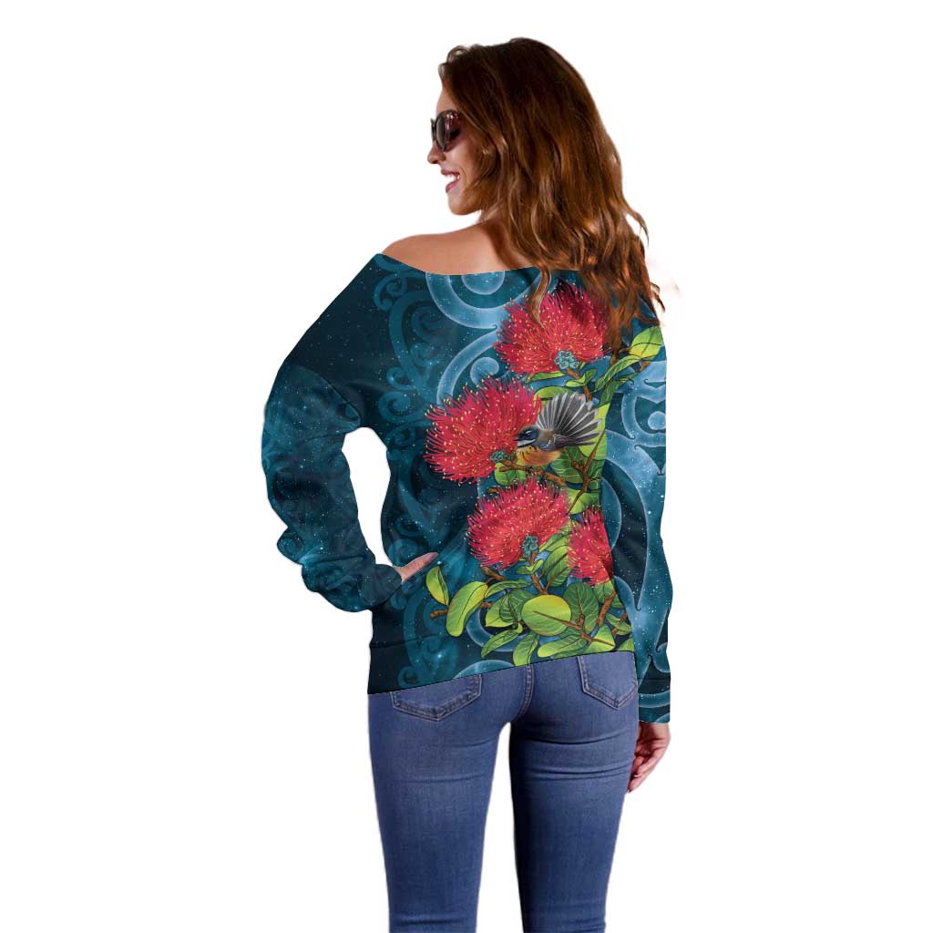 New Zealand Matariki Piwakawaka Off Shoulder Sweater Maori Koru With Pohutukawa Flowers LT05 - Polynesian Pride
