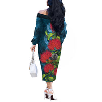 New Zealand Matariki Piwakawaka Off The Shoulder Long Sleeve Dress Maori Koru With Pohutukawa Flowers LT05 - Polynesian Pride