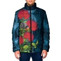 New Zealand Matariki Piwakawaka Padded Jacket Maori Koru With Pohutukawa Flowers LT05 Men Dark Teal - Polynesian Pride