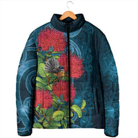 New Zealand Matariki Piwakawaka Padded Jacket Maori Koru With Pohutukawa Flowers LT05 - Polynesian Pride