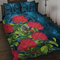 New Zealand Matariki Piwakawaka Quilt Bed Set Maori Koru With Pohutukawa Flowers LT05 Dark Teal - Polynesian Pride