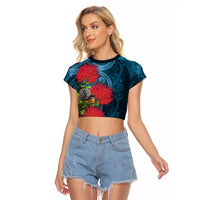 New Zealand Matariki Piwakawaka Raglan Cropped T Shirt Maori Koru With Pohutukawa Flowers LT05 Female Dark Teal - Polynesian Pride