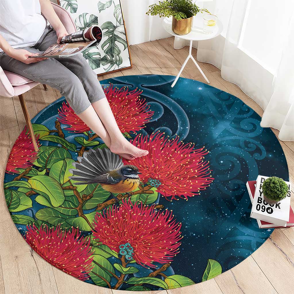 New Zealand Matariki Piwakawaka Round Carpet Maori Koru With Pohutukawa Flowers LT05 - Polynesian Pride
