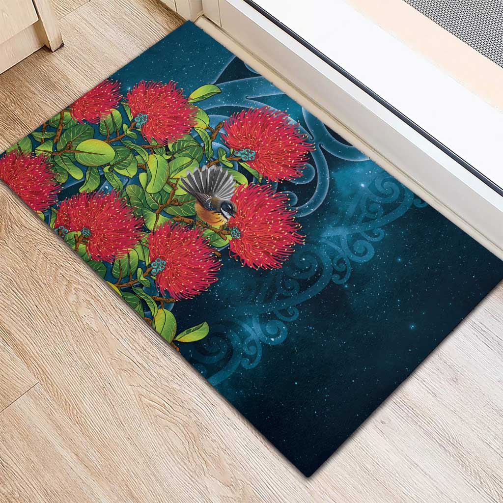 New Zealand Matariki Piwakawaka Rubber Doormat Maori Koru With Pohutukawa Flowers LT05 - Polynesian Pride