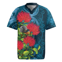 New Zealand Matariki Piwakawaka Rugby Jersey Maori Koru With Pohutukawa Flowers LT05 Dark Teal - Polynesian Pride