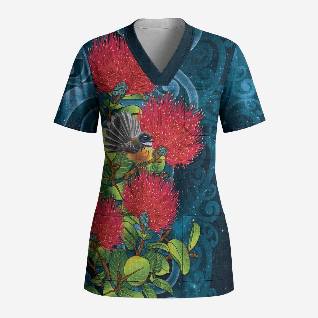New Zealand Matariki Piwakawaka Scrub Top Maori Koru With Pohutukawa Flowers LT05 Adult Dark Teal - Polynesian Pride