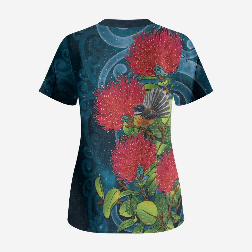 New Zealand Matariki Piwakawaka Scrub Top Maori Koru With Pohutukawa Flowers LT05 - Polynesian Pride