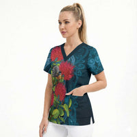 New Zealand Matariki Piwakawaka Scrub Top Maori Koru With Pohutukawa Flowers LT05 - Polynesian Pride