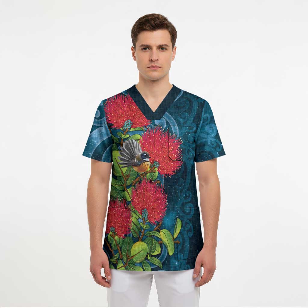 New Zealand Matariki Piwakawaka Scrub Top Maori Koru With Pohutukawa Flowers LT05 - Polynesian Pride