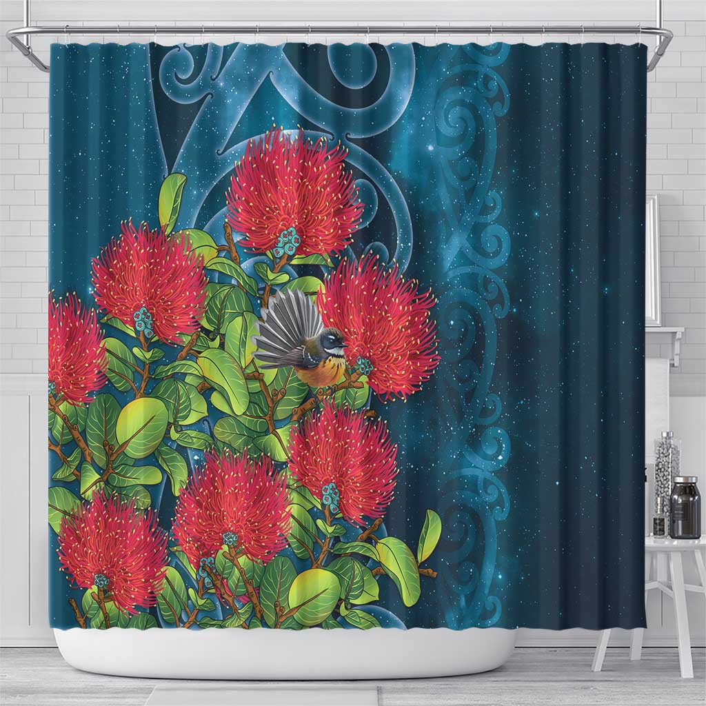 New Zealand Matariki Piwakawaka Shower Curtain Maori Koru With Pohutukawa Flowers LT05 - Polynesian Pride