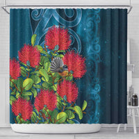 New Zealand Matariki Piwakawaka Shower Curtain Maori Koru With Pohutukawa Flowers LT05 - Polynesian Pride