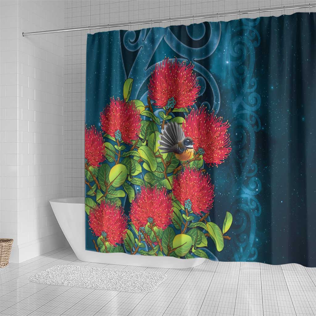 New Zealand Matariki Piwakawaka Shower Curtain Maori Koru With Pohutukawa Flowers LT05 - Polynesian Pride