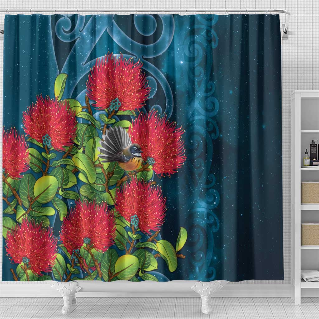 New Zealand Matariki Piwakawaka Shower Curtain Maori Koru With Pohutukawa Flowers LT05 - Polynesian Pride