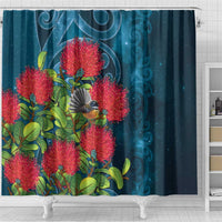 New Zealand Matariki Piwakawaka Shower Curtain Maori Koru With Pohutukawa Flowers LT05 - Polynesian Pride