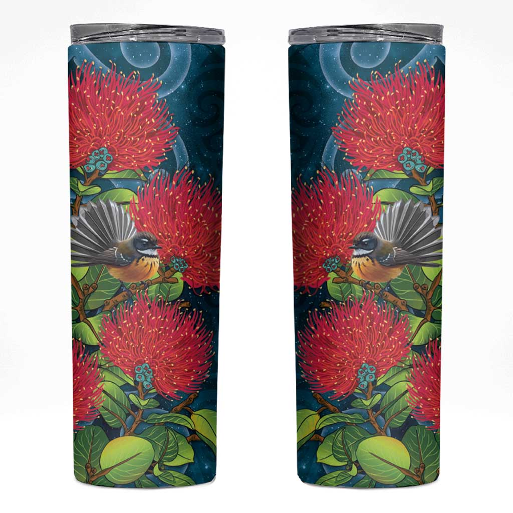 New Zealand Matariki Piwakawaka Skinny Tumbler Maori Koru With Pohutukawa Flowers LT05 Dark Teal - Polynesian Pride