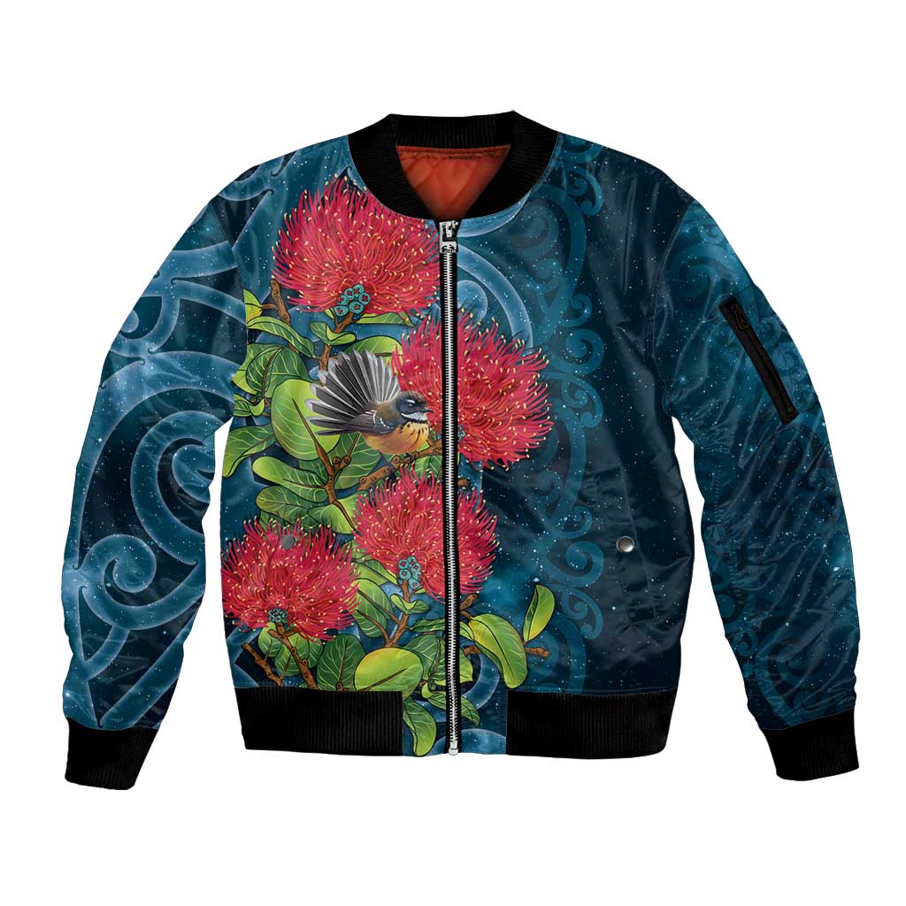 New Zealand Matariki Piwakawaka Sleeve Zip Bomber Jacket Maori Koru With Pohutukawa Flowers