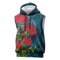 New Zealand Matariki Piwakawaka Sleeveless Hoodie Maori Koru With Pohutukawa Flowers LT05 Dark Teal - Polynesian Pride