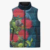 New Zealand Matariki Piwakawaka Sleeveless Puffer Jacket Maori Koru With Pohutukawa Flowers LT05 Unisex Dark Teal - Polynesian Pride