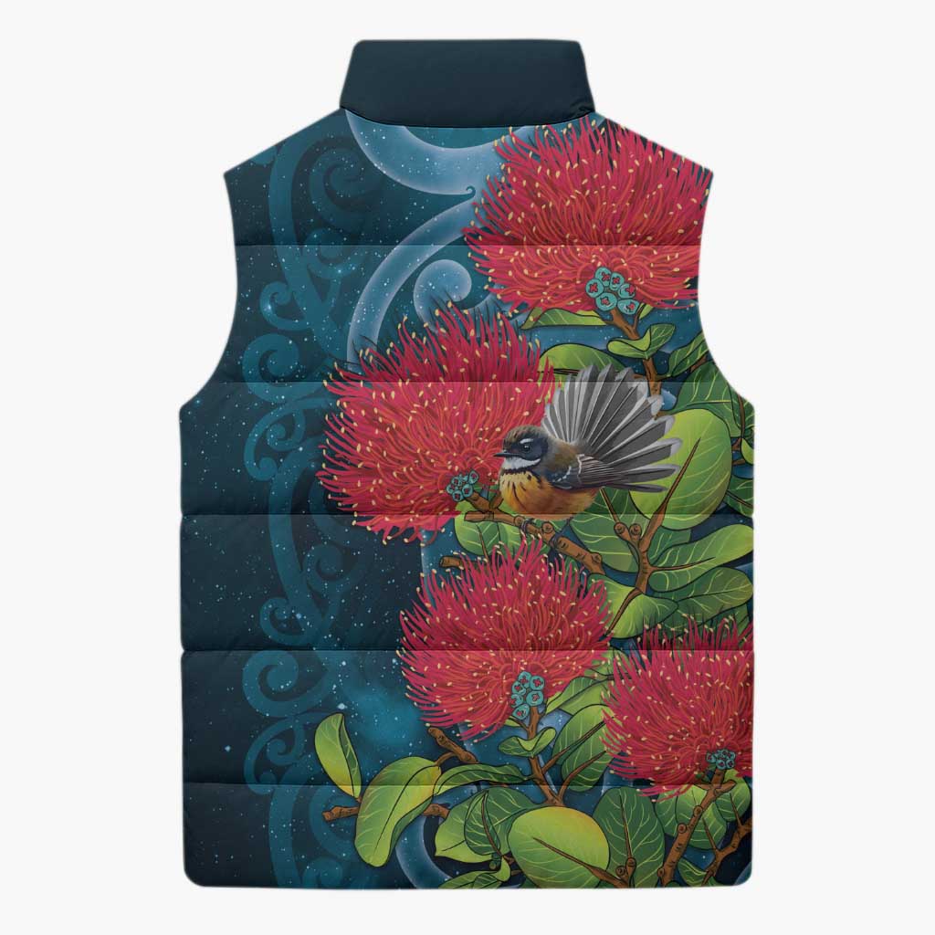 New Zealand Matariki Piwakawaka Sleeveless Puffer Jacket Maori Koru With Pohutukawa Flowers LT05 - Polynesian Pride