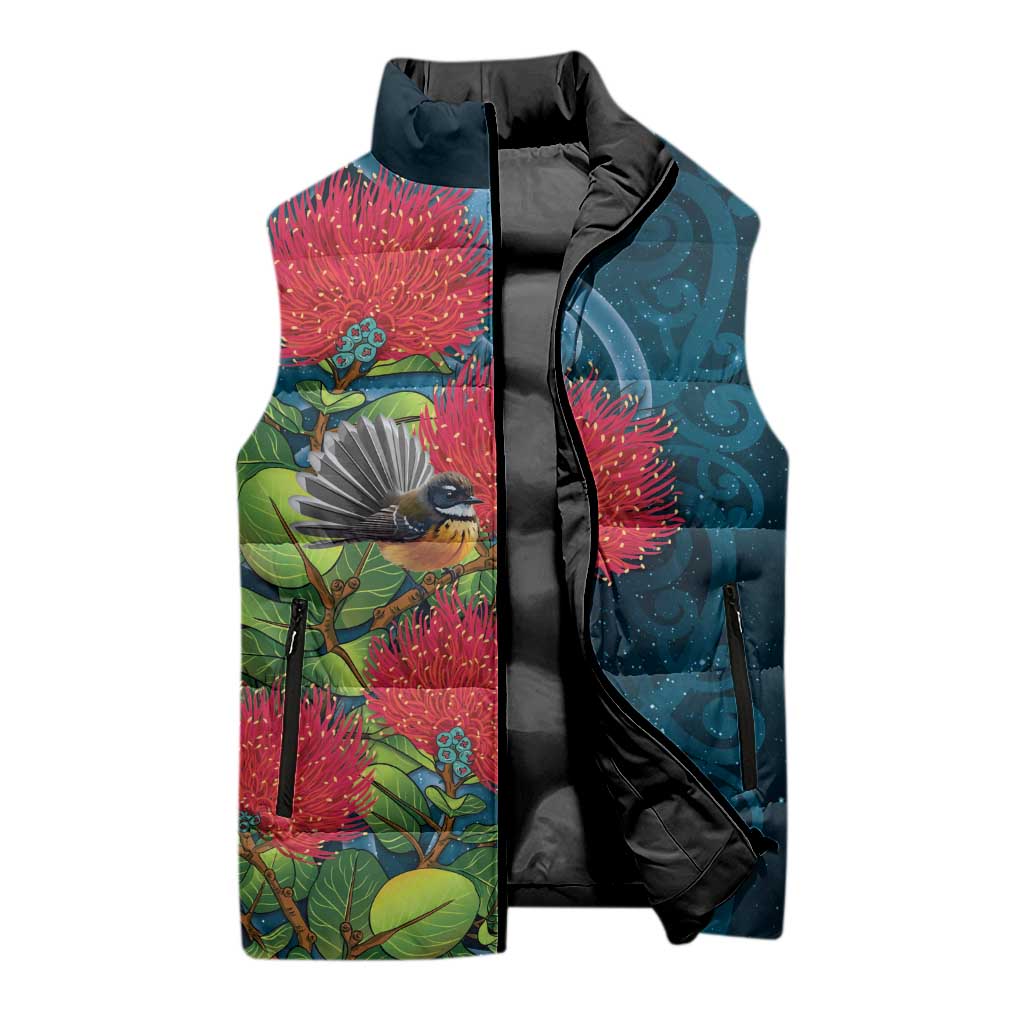 New Zealand Matariki Piwakawaka Sleeveless Puffer Jacket Maori Koru With Pohutukawa Flowers LT05 - Polynesian Pride