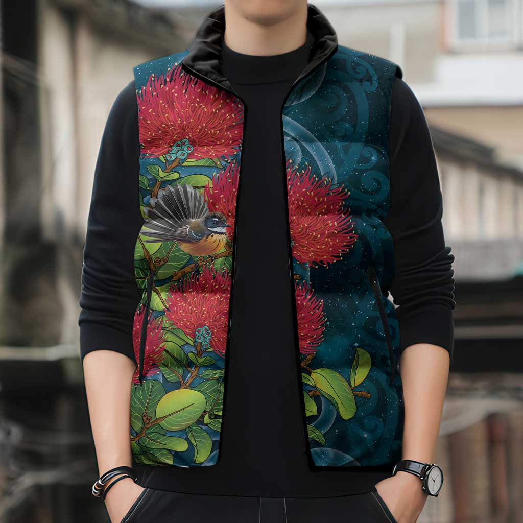 New Zealand Matariki Piwakawaka Sleeveless Puffer Jacket Maori Koru With Pohutukawa Flowers LT05 - Polynesian Pride