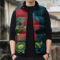 New Zealand Matariki Piwakawaka Sleeveless Puffer Jacket Maori Koru With Pohutukawa Flowers LT05 - Polynesian Pride