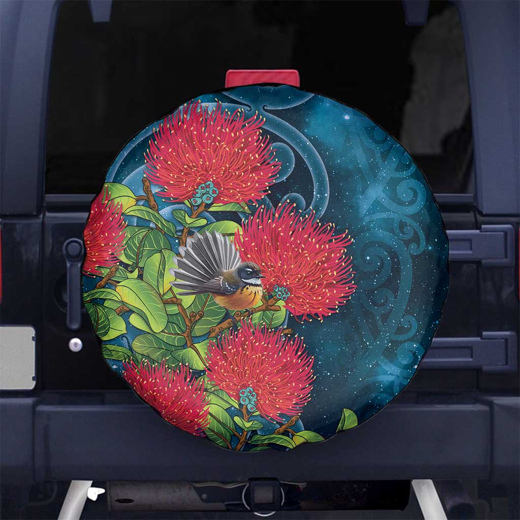New Zealand Matariki Piwakawaka Spare Tire Cover Maori Koru With Pohutukawa Flowers LT05 No hole Dark Teal - Polynesian Pride
