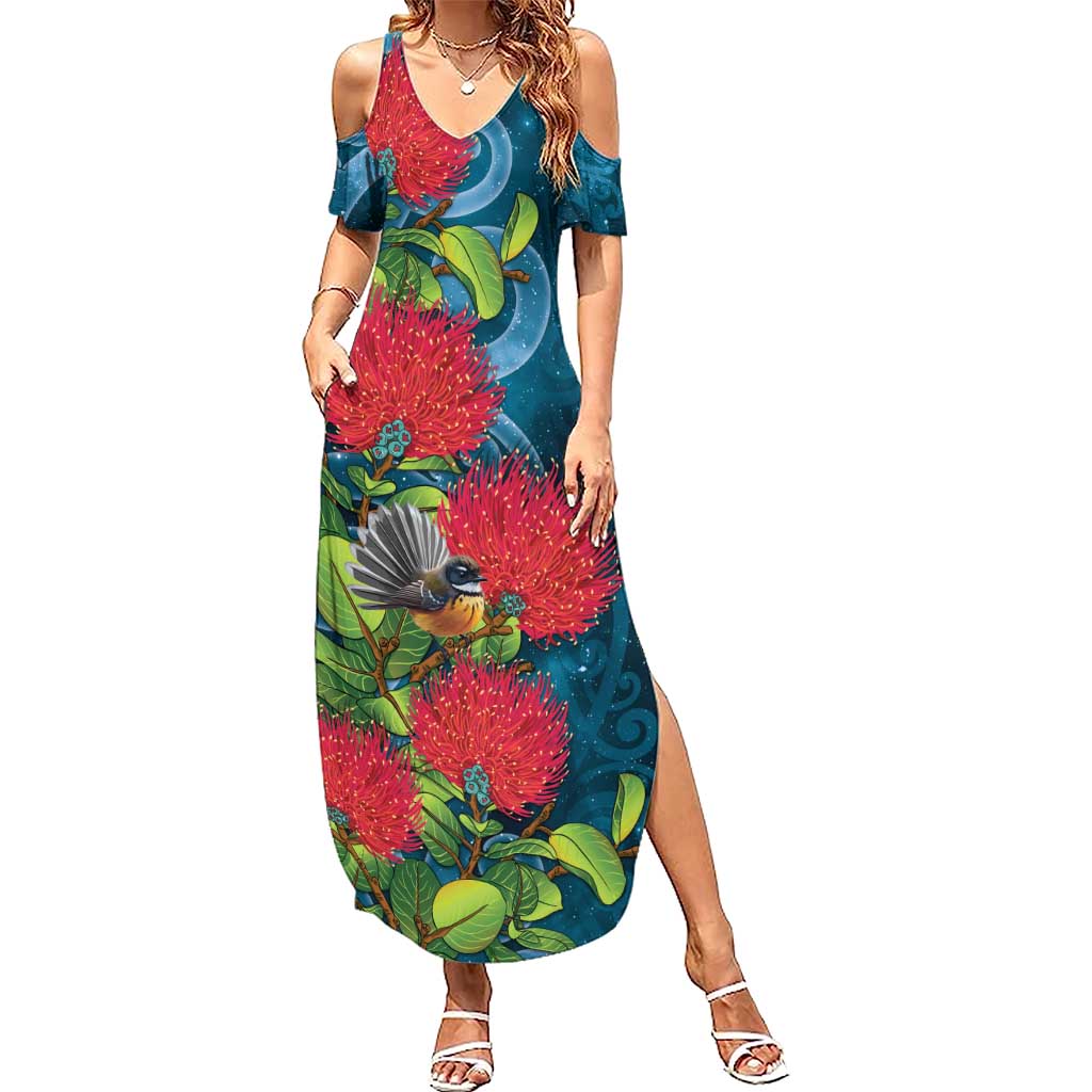 New Zealand Matariki Piwakawaka Summer Maxi Dress Maori Koru With Pohutukawa Flowers LT05 Women Dark Teal - Polynesian Pride