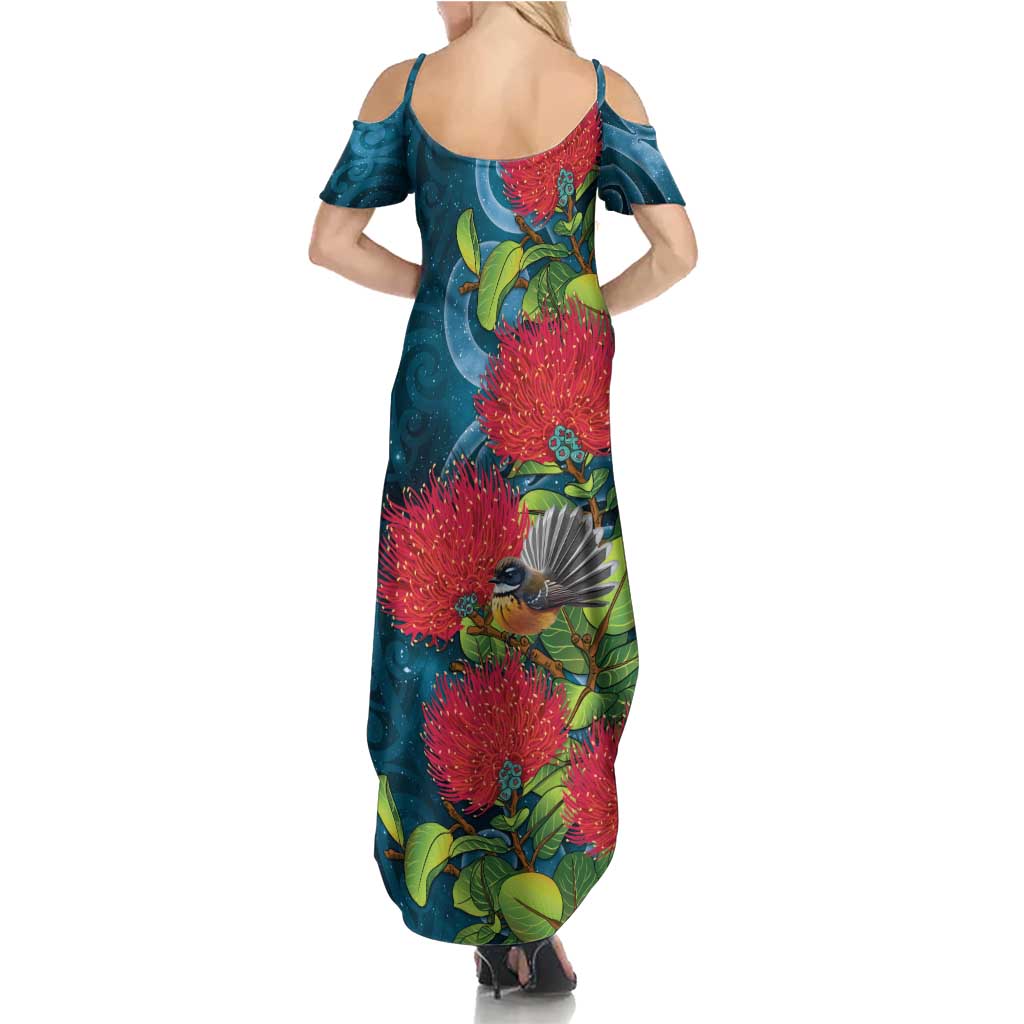New Zealand Matariki Piwakawaka Summer Maxi Dress Maori Koru With Pohutukawa Flowers LT05 - Polynesian Pride
