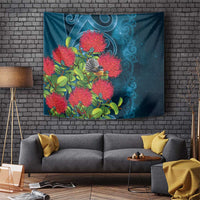 New Zealand Matariki Piwakawaka Tapestry Maori Koru With Pohutukawa Flowers LT05 Dark Teal - Polynesian Pride