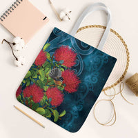 New Zealand Matariki Piwakawaka Tote Bag Maori Koru With Pohutukawa Flowers LT05 White Strap One Size Dark Teal - Polynesian Pride