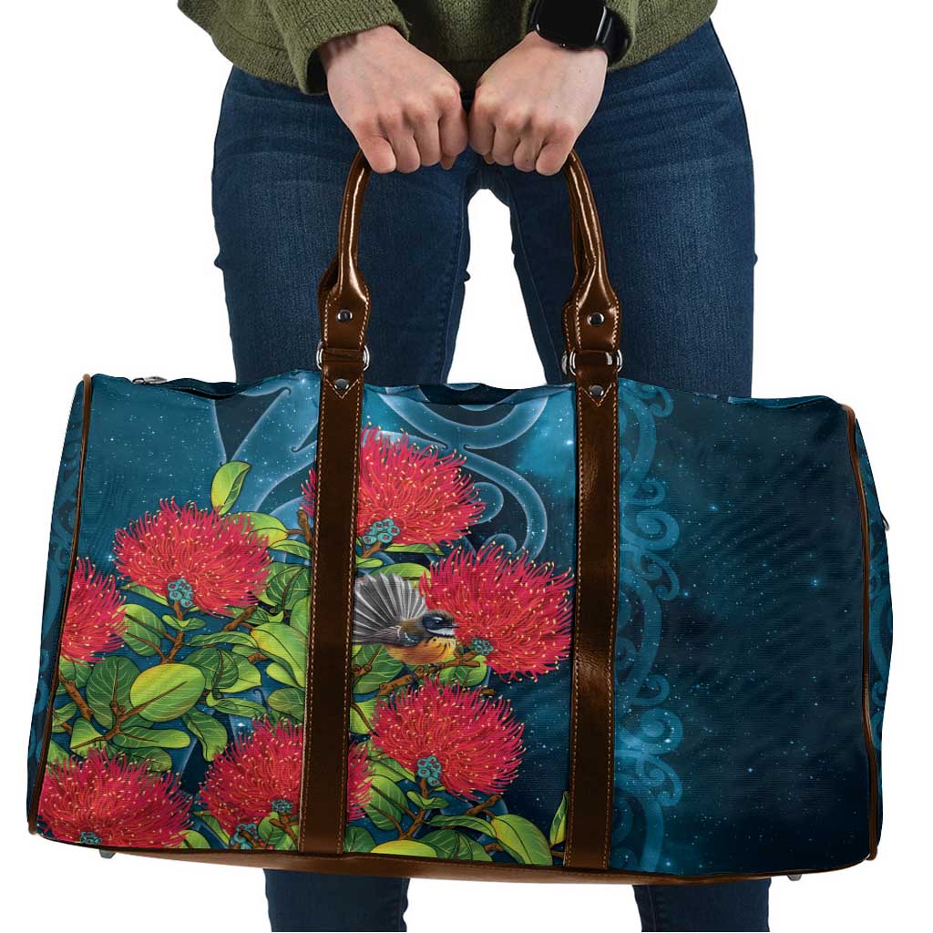 New Zealand Matariki Piwakawaka Travel Bag Maori Koru With Pohutukawa Flowers LT05 Dark Teal - Polynesian Pride