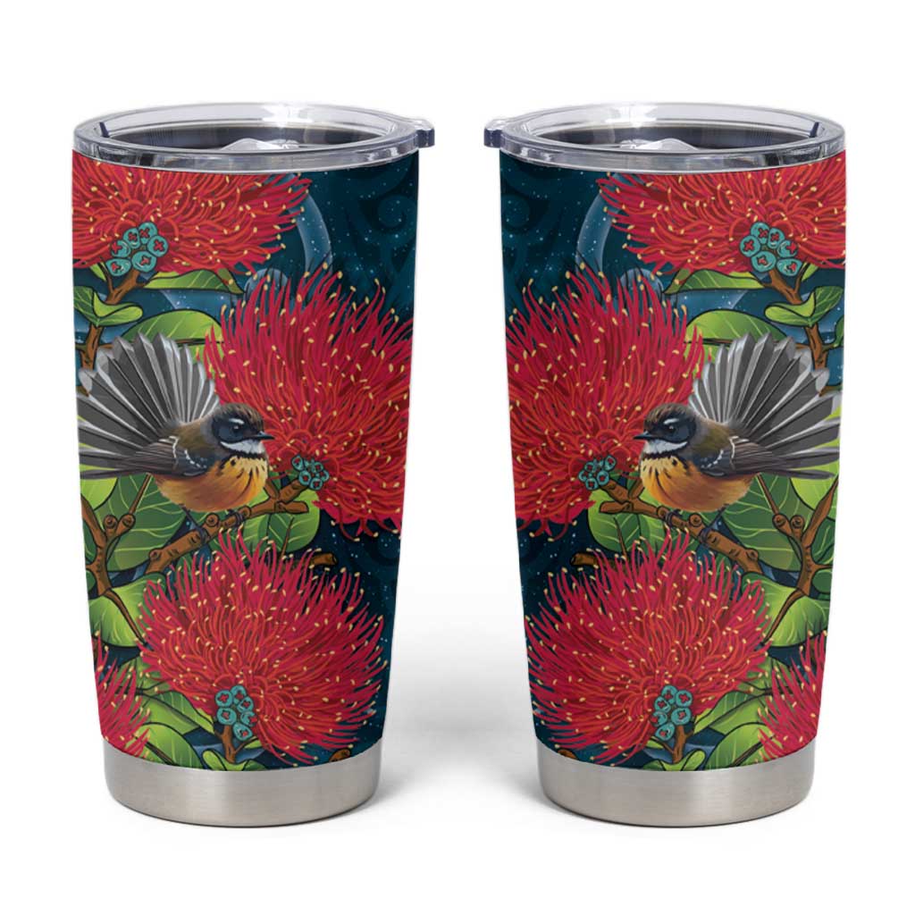 New Zealand Matariki Piwakawaka Tumbler Cup Maori Koru With Pohutukawa Flowers LT05 Dark Teal - Polynesian Pride