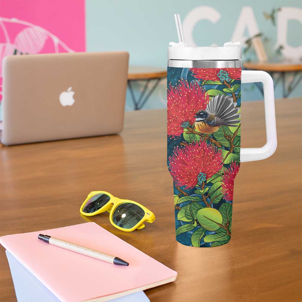 New Zealand Matariki Piwakawaka Tumbler With Handle Maori Koru With Pohutukawa Flowers LT05 - Polynesian Pride