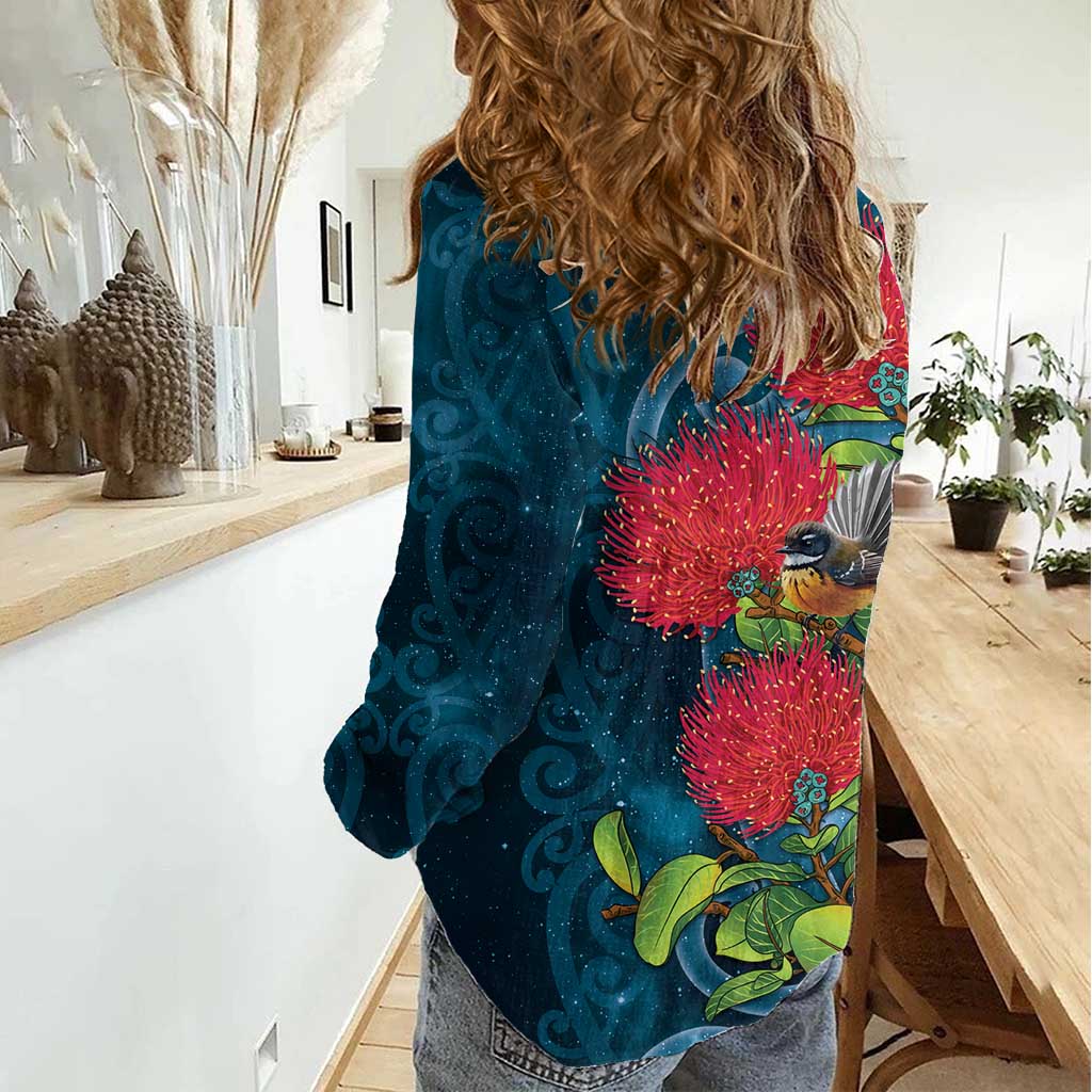 New Zealand Matariki Piwakawaka Women Casual Shirt Maori Koru With Pohutukawa Flowers LT05 - Polynesian Pride