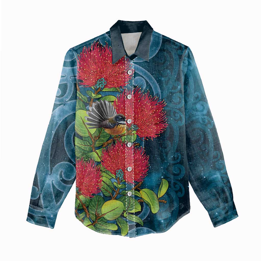 New Zealand Matariki Piwakawaka Women Casual Shirt Maori Koru With Pohutukawa Flowers LT05 - Polynesian Pride