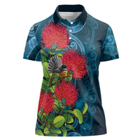 New Zealand Matariki Piwakawaka Women Polo Shirt Maori Koru With Pohutukawa Flowers LT05 Female Dark Teal - Polynesian Pride