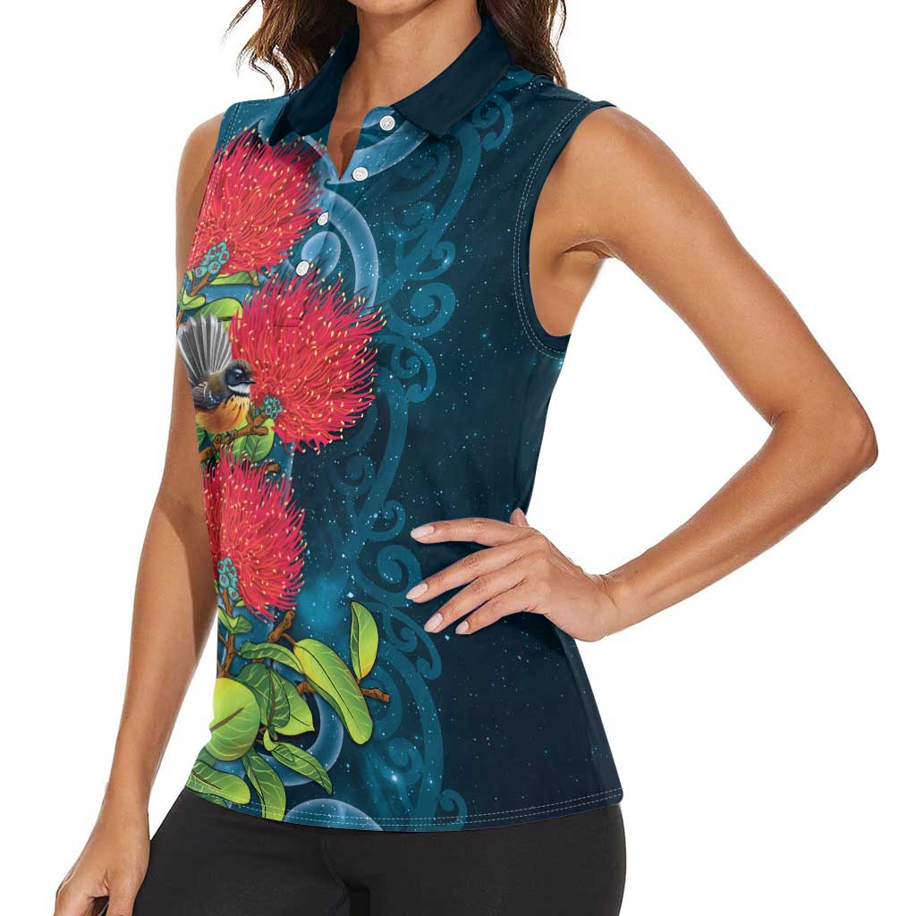 New Zealand Matariki Piwakawaka Women Sleeveless Polo Shirt Maori Koru With Pohutukawa Flowers LT05 - Polynesian Pride