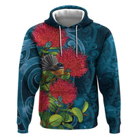 New Zealand Matariki Piwakawaka Zip Hoodie Maori Koru With Pohutukawa Flowers LT05 Pullover Hoodie Dark Teal - Polynesian Pride
