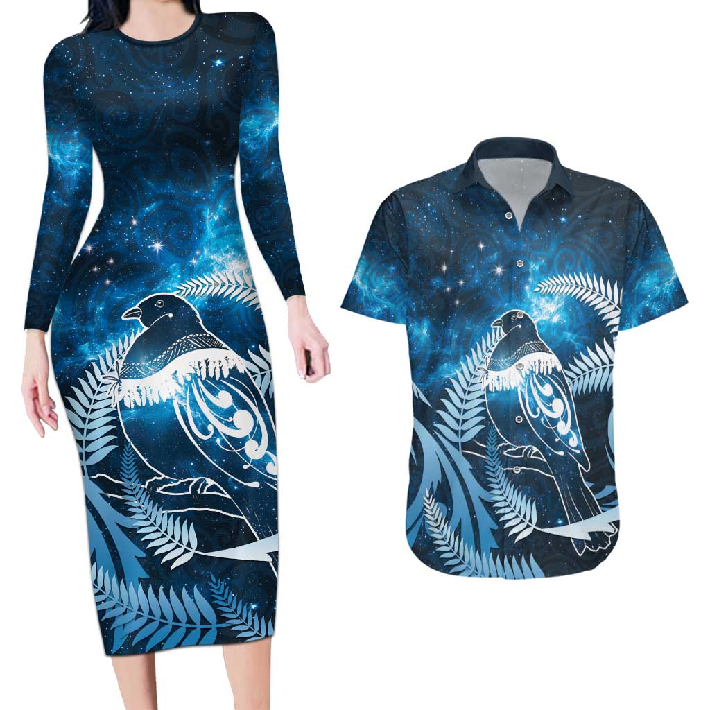 New Zealand Matariki Couples Matching Long Sleeve Bodycon Dress and Hawaiian Shirt Pigeon Kereru Maori Fern Art LT05 Blue - Polynesian Pride