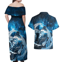 New Zealand Matariki Couples Matching Off Shoulder Maxi Dress and Hawaiian Shirt Pigeon Kereru Maori Fern Art LT05 - Polynesian Pride