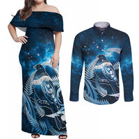 New Zealand Matariki Couples Matching Off Shoulder Maxi Dress and Long Sleeve Button Shirt Pigeon Kereru Maori Fern Art LT05 Blue - Polynesian Pride